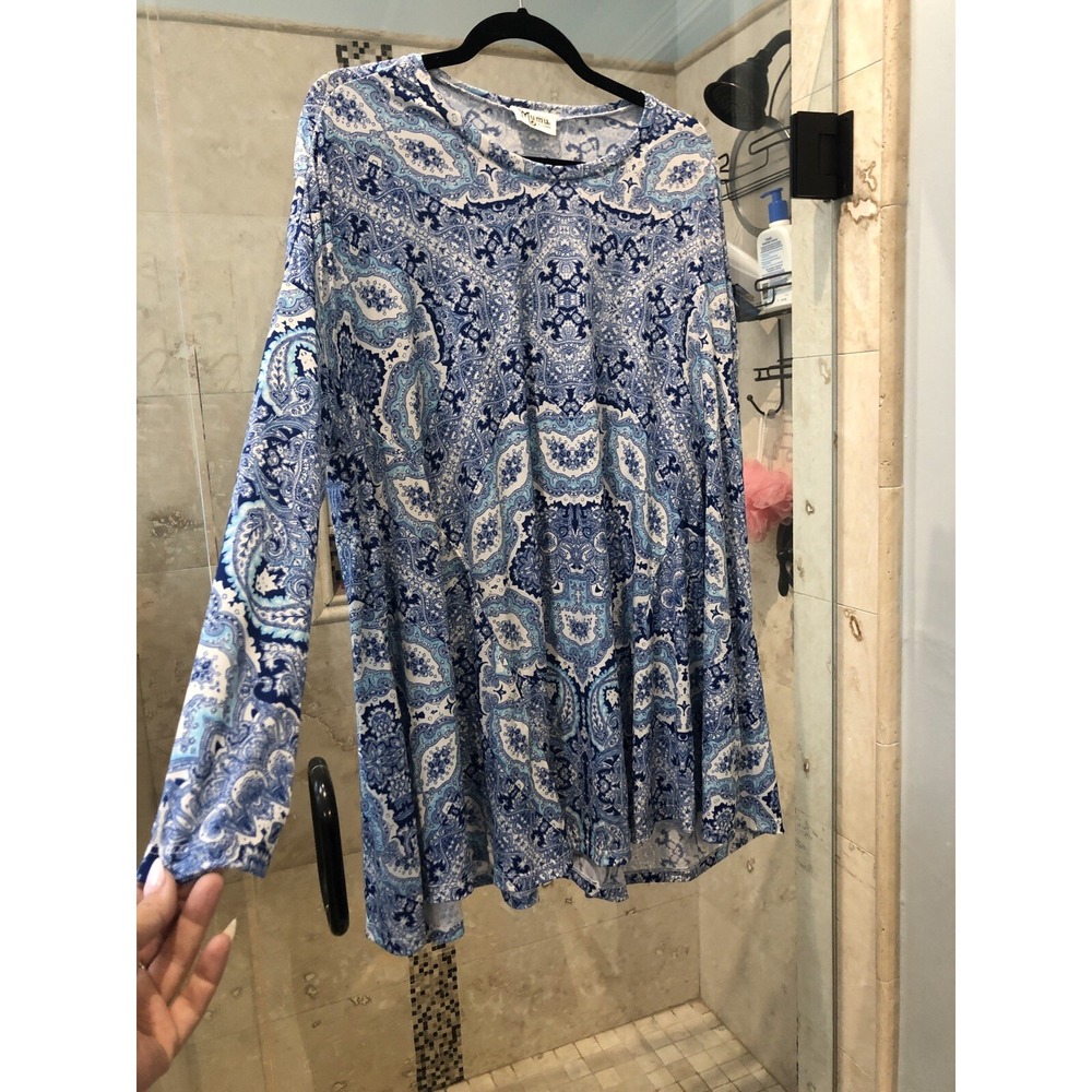 Show Me Your Mumu Blue White Paisley Jersey Tunic Blouse XL Extra Large